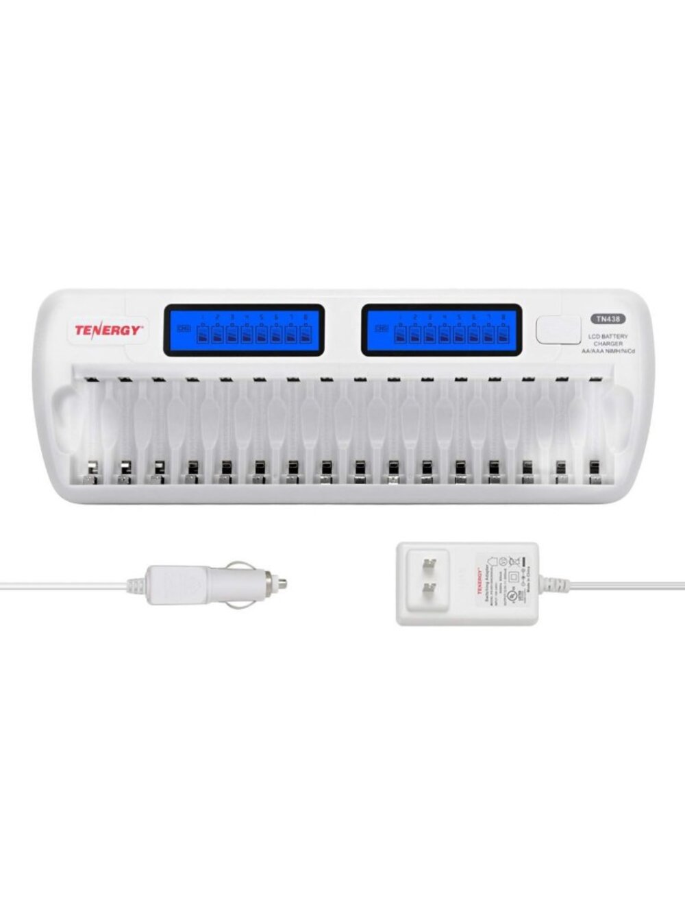 16-Bay Battery Charger for AA/AAA Rechargeable Batteries with AC & Car Adapters
